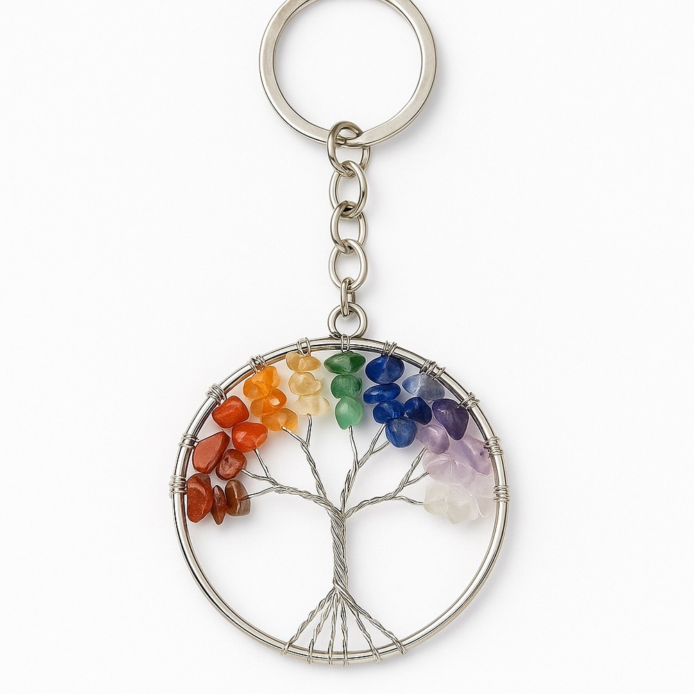 Chakra Tree of Life Gemstone Keychain Silver